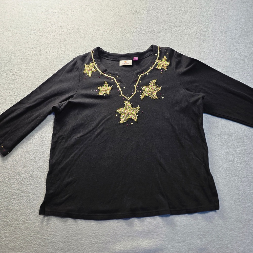 Quacker Factory Beaded Sequin‎ Floral Holiday Top Womens Large Black 3/4 Sleeve